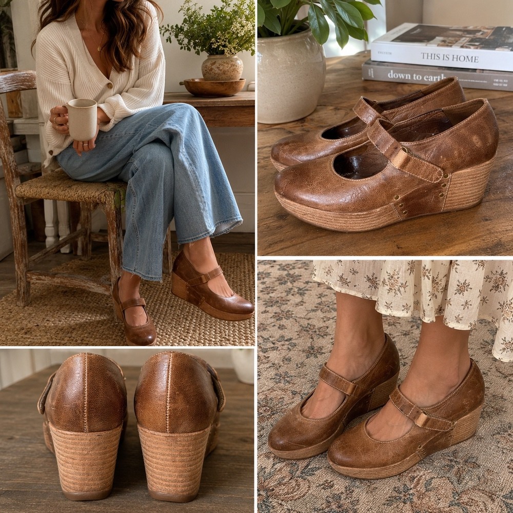Antelope Brown Leather Mary Jane Wedge Clogs Shoes Women's EU 39 US 8.5 Comfort